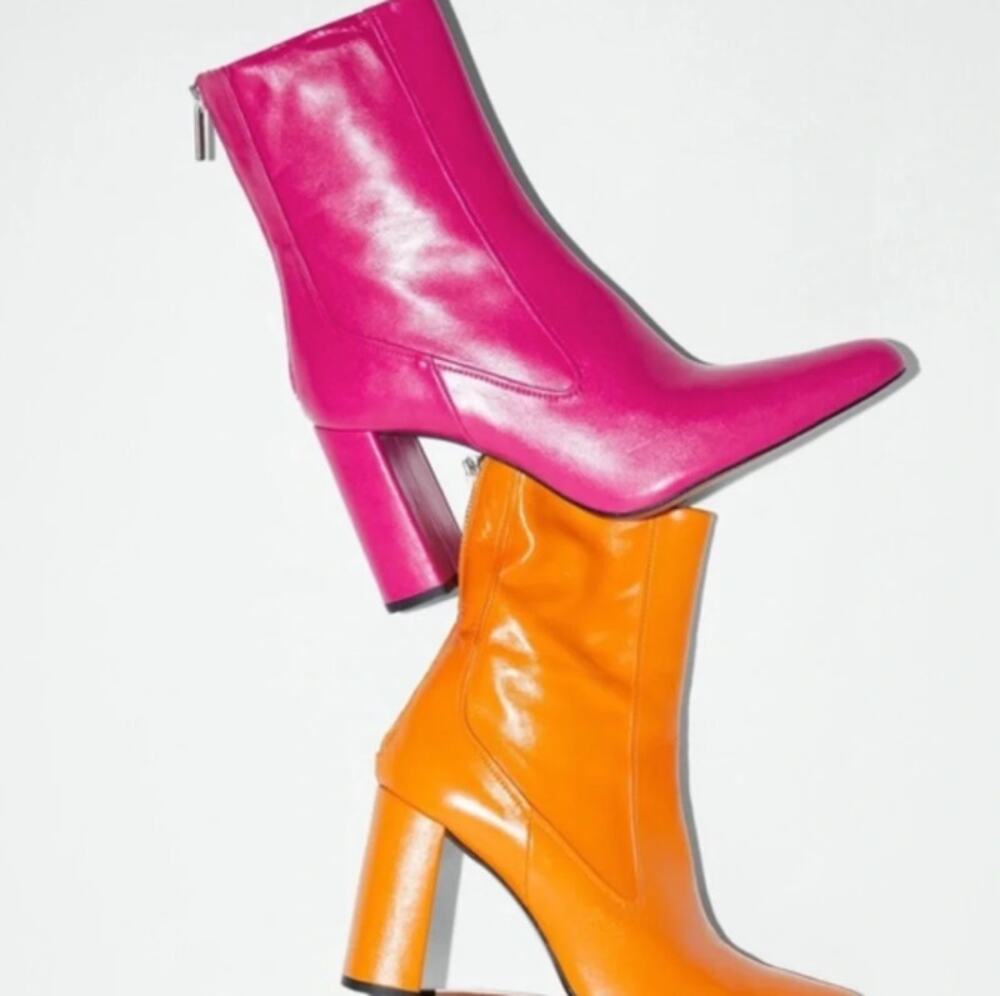 ZARA Genuine Leather Heeled Boots Fuchsia Pink Zip Back Sz 38/US 7.5 NWT $149